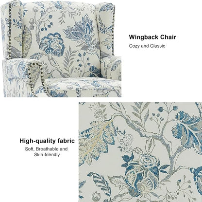 Accent Chair, Upholstered High Back Floral Armchair with Nailhead Trim & Wood Legs, Comfy Wingback Reading Single Sofa Chair for Small Spaces, Living Room, Bedroom ( Plants Blue Floral, Set of 1)