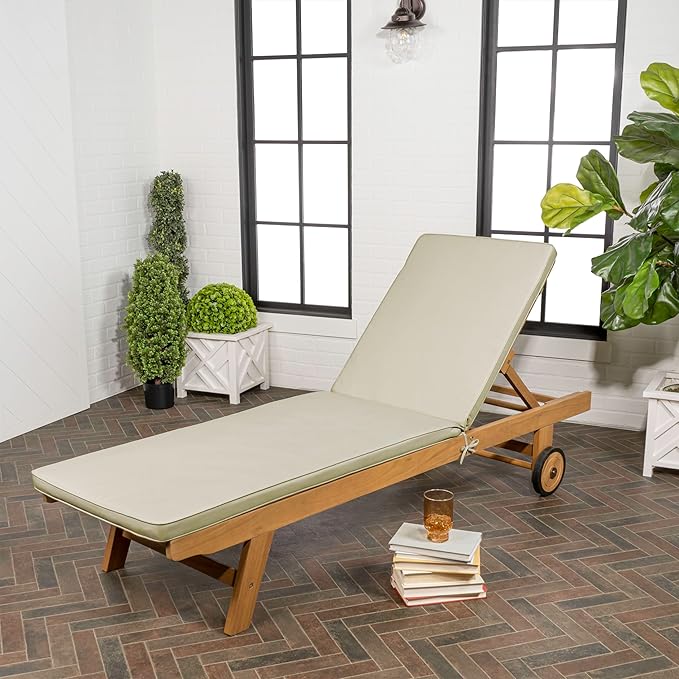 JONATHAN Y LNG1000E Mallorca 77.56"x23.62" Modern Classic Adjustable Acacia Wood Chaise Outdoor Lounge Chair with Cushion & Wheels Coastal, Bohemian, Minimalist, Traditional, Light Gray/Natural