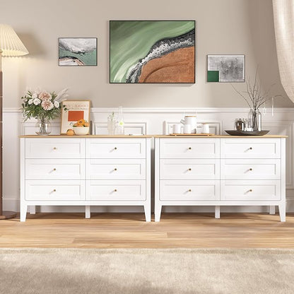 6 Drawers White Dresser for Bedroom, 47" Wide Wood Modern Chest of Drawers, Shaker Style, Modular Dresser TV Stand for Bedroom, Living Room, Hallway (White)