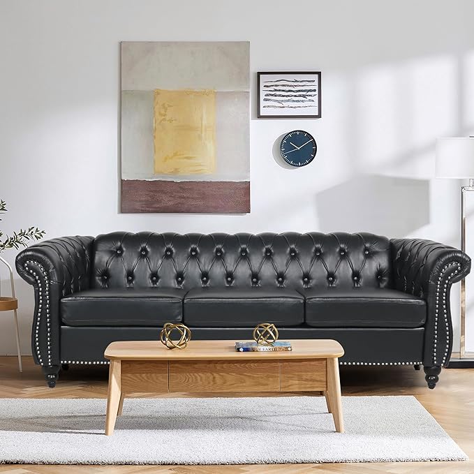 Faux Leather Sofa and Loveseat set, Mid Century Modern Upholstered Couch with Cushions, 2-Piece Home Sofa Living Room Furniture Sets, Comfy Tufted Chesterfield Couches for Bedroom, Office (Black)