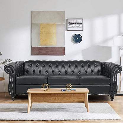Faux Leather Sofa and Loveseat set, Mid Century Modern Upholstered Couch with Cushions, 2-Piece Home Sofa Living Room Furniture Sets, Comfy Tufted Chesterfield Couches for Bedroom, Office (Black)