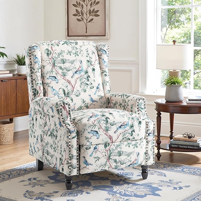 Recliner Chair, Upholstered Wingback Floral Pushback Armchair with Adjustable Backrest & Footrest, Comfy Accent Chair Reading Single Sofa for Small Spaces, Living Room, Bedroom