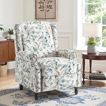Recliner Chair, Upholstered Wingback Floral Pushback Armchair with Adjustable Backrest & Footrest, Comfy Accent Chair Reading Single Sofa for Small Spaces, Living Room, Bedroom