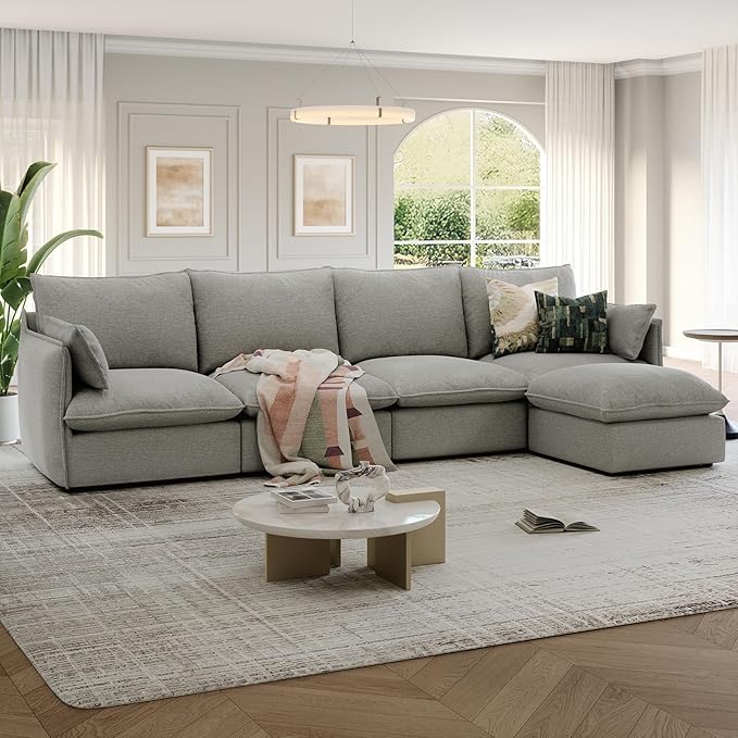 124" Cloud Modular Sectional Sofa, Waterproof Down Filled Sectional Couch, High Backrest L Shaped 4 Seater Couch with Ottoman, Modern Modular Sofas with Removable Cover, Light Gray