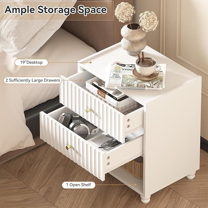 Modern Nightstand Set of 2, Fluted End Table with Open Shelf, Night Stand with 2 Drawers for Bedroom (2,White)