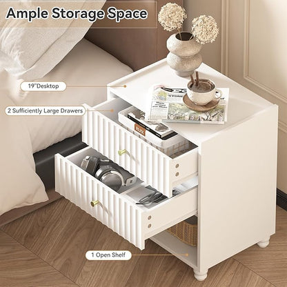 Modern Nightstand Set of 2, Fluted End Table with Open Shelf, Night Stand with 2 Drawers for Bedroom (2,White)