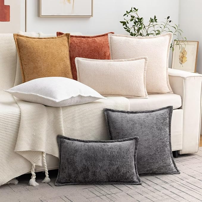 Beige Decorative Throw Pillow Covers 18x18 Inch Set of 2 Cozy Soild Chenille Cushion Cases Soft Textured Square Couch Pillows Cover Boho Accent Farmhouse Pillowcases for Sofa Bed