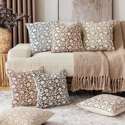Foindtower Set of 2 Decorative Neutral Floral Throw Pillow Covers Accent Farmhouse Cushion Covers Boho Vintage Pillowcase for Couch Sofa Bedroom Living Room Home Decor,20×20 Inch,Dusty Blue