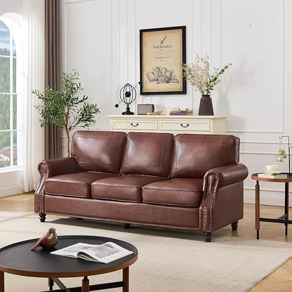 Kingfun Mid-Century Modern Couch, Faux Leather Sofa, 3 Seater Couch for Living Room with Rolled arms & Nailhead Trim, Dark Coffee