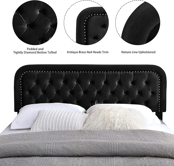 Tufted Upholstered Headboard,Button Solid Wood HeadBoards with Adjustable Height,Modern Performance Velvet Bed Head Boards,Easy Install&Nailhead (Black, King)