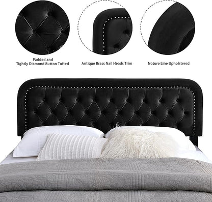 Tufted Upholstered Headboard,Button Solid Wood HeadBoards with Adjustable Height,Modern Performance Velvet Bed Head Boards,Easy Install&Nailhead (Black, King)