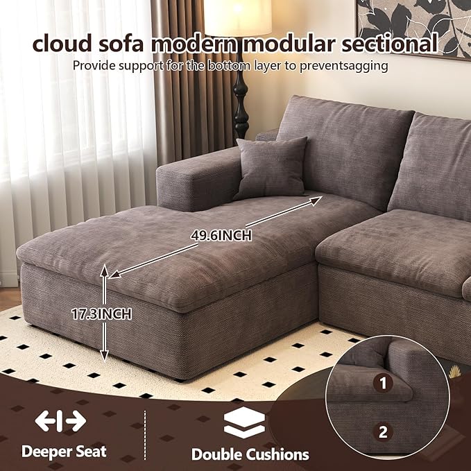 136.6'' U-Shaped Modern Modular Sectional Cloud Couch Whit Ottoman, 4-Seat Chenille Deep-Seat Sofa with Pillow for Living Room, Bedroom, Apartment, Camel
