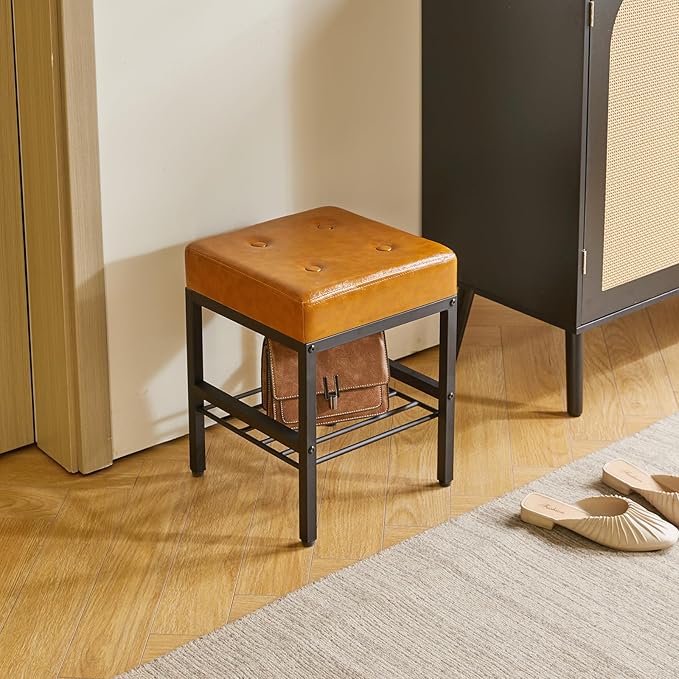 IBUYKE Square Makeup Stool with Adjustable Feet and Storage Space, Footrest Chair, PU Vanity Seat, Multi-Use as Small Side Table or Ottoman, for Bedroom, Light Brown LG-60J