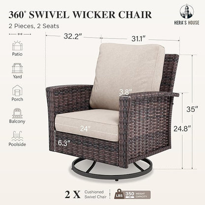 HERA'S HOUSE Outdoor Furniture, 2 x High Back Swivel Patio Chairs with 5.5" Cushions Wicker Rattan Deck Balcony Porch Furniture, Beige
