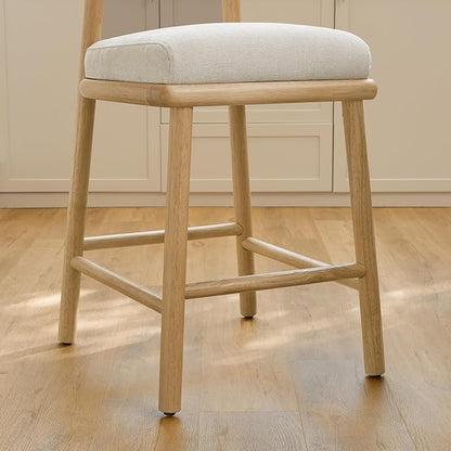 Watson & Whitely Boho Counter Height Bar Stools Set of 2, 27” Modern Upholstered Bar Stools with Natural Woven Rope Back and Solid Wood Frame for Kitchen Island, Home Bar, Fabric in Linen