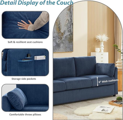 79" 3 Seater Couches for Living Room, Modern Corduroy Sofa with 2 Pillows and Storage Pockets, Comfy Small Couches for Apartment, Small Spaces, Home Office, Navy Blue