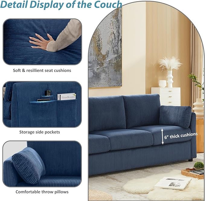 79" L Shaped Couch with Storage Ottoman, 3 Seater Corduroy Sofa with 2 Pillows and Storage Pockets, Small Modern Couches for Living Room, Apartment, Small Spaces, Home Office, Navy Blue