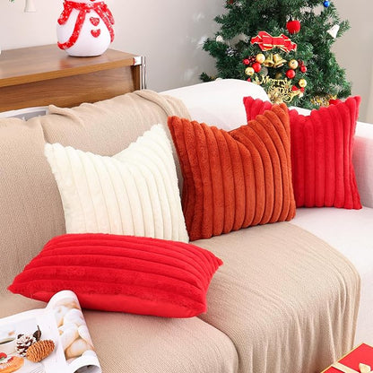 Pallene Faux Fur Plush Christmas Throw Pillow Covers 16x16 Set of 2, Luxury Soft Fluffy Striped Decorative Pillow Covers for Sofa, Couch, Living Room, Red