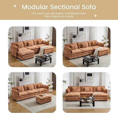 112" U Shaped Modular Sectional Sofa, 3 Seater Comfy Cloud Couch with Movable Ottoman, Deep Seat Couches for Living Room, Bedroom,Apartment (Orange)