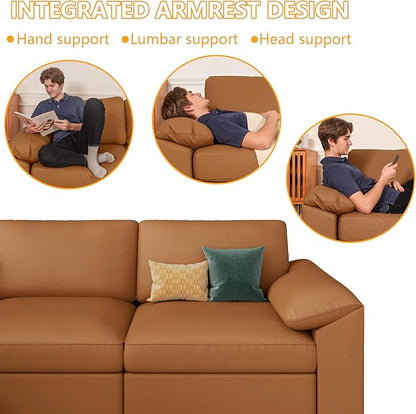 EASE MOOSE 3 Seater Deep Seat Sectional Sofa, Scratch Resistant Faux Leather Material, Oversized Modular Couch for Living Room,Modern Comfy Sofas for Small Spaces,Brown