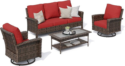 HERA'S HOUSE Red Patio Furniture Set, 35" High Back Swivel Chairs with 5.5" Waterproof Cushions, 4 Pieces Wicker Rattan Outdoor Conversation Sofa Sets for Deck Lawn Yard