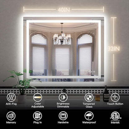 ISKM 40'' x 32'' LED Mirror for Bathroom Lighted Vanity Mirror for Wall Front Lights + Backlit LED Bathroom Mirror Anti-Fog Tempered Glass ETL Listed