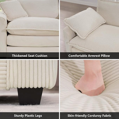 mikibama Luxury 3 Piece Sofa Set, Loveseat Couch & 2 Single Sofa Set, Modern Corduroy Comfy Cloud Couches Set for Living Room Office with 2 Armrest Pillows and 4 Toss Pillows, Beige