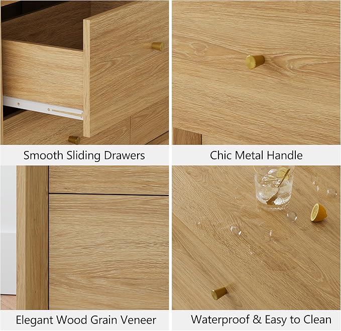 Mid Century Modern Dresser, 6 Drawer Dresser with Storage, 47" Wide Chest of Drawers with Wood Grain Texture, Drawers Organizer for Bedroom, Living Room, Hallway, Gold Oak