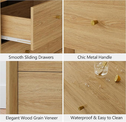 Mid Century Modern Dresser, 6 Drawer Dresser with Storage, 47" Wide Chest of Drawers with Wood Grain Texture, Drawers Organizer for Bedroom, Living Room, Hallway, Gold Oak