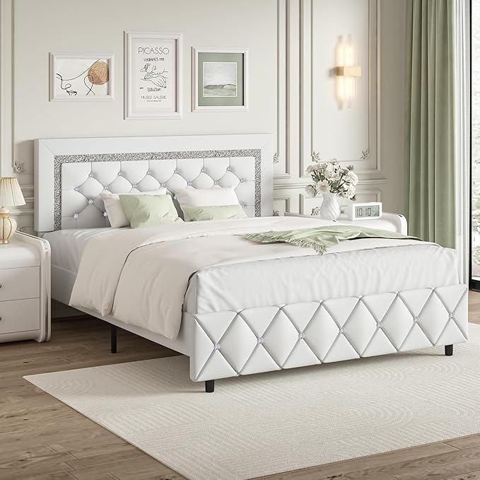BarnFurin Queen Bed Frame, Upholstered Platform Bed with Button Tufted Headboard, Princess Platform Bed with Crystal Design, Wooden Slats Support, No Box Spring Required, Easy Assembly, White