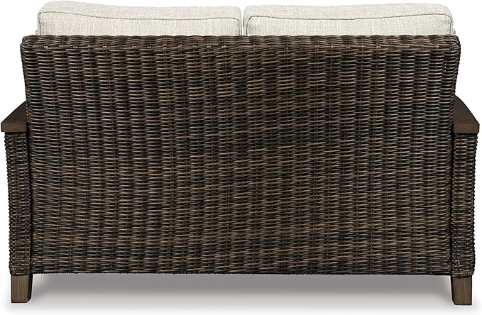 Signature Design by Ashley Paradise Trail Outdoor Loveseat with All Weather Cushions, Nuvella Weather Resistant Fabric, Medium Brown