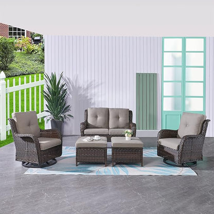 HUMMUH 5 Pieces Outdoor Furniture Patio Furniture Set Wicker Swivel Patio Chairs with 2 Seater Outdoor Sectional Sofa/Patio Loveseat with Ottomans, Brown/Grey