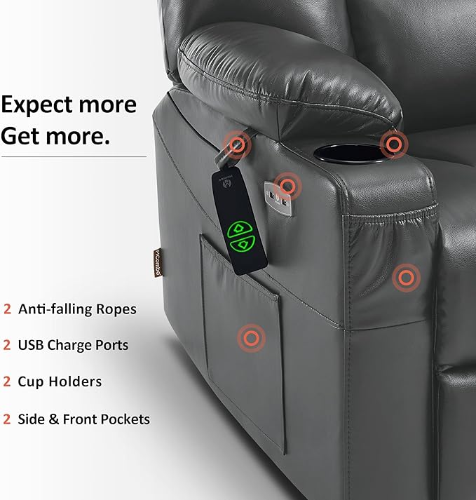 MCombo Oversized Power Lift Recliner Chair with Massage and Heat for Big and Tall Elderly People, Cup Holders, USB Ports, Side Pockets, Faux Leather R7541 (Dark Grey, Large-Oversize)