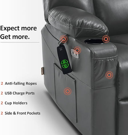 MCombo Oversized Power Lift Recliner Chair with Massage and Heat for Big and Tall Elderly People, Cup Holders, USB Ports, Side Pockets, Faux Leather R7541 (Dark Grey, Large-Oversize)