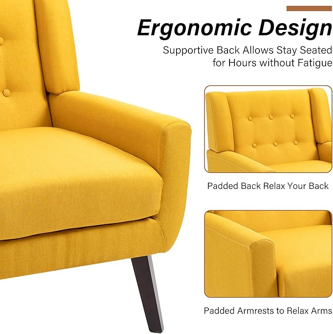 Accent Chair, Modern Fabric Armchair for Living Room, Comfy Upholstered Arm Chair Tufted for Indoor Bedroom Office Room (Yellow)