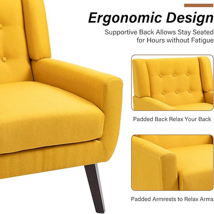 Accent Chair, Modern Fabric Armchair for Living Room, Comfy Upholstered Arm Chair Tufted for Indoor Bedroom Office Room (Yellow)