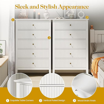 RoyalCraft White Fluted 5 Drawer Dresser for Bedroom, Tall Chest of Drawers, Waterproof Lacquered Desktop,Modern Wood Storage Cabinet for Living Room