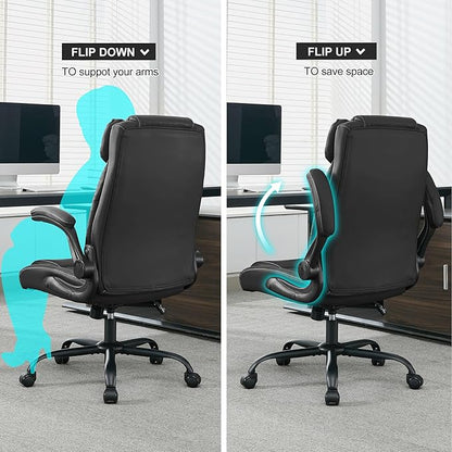 Office Desk Chair,Ergonomic Conference Room Chairs,Mid Back Executive Leather Chair,Comfy Computer Desk Chairs with Adjustable Flip-Up Arms and Rocking Function (Black)
