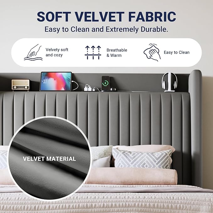 Allewie Queen Size Platform Bed Frame with USB Charging Station and Storage Shelf/Upholstered Velvet Wingback Headboard/Wooden Slats Support/No Box Spring Needed/Easy Assembly, Grey
