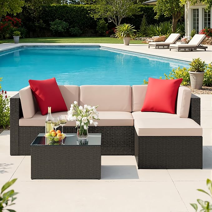 JUMMICO 5 Pieces Patio Furniture Set, Outdoor Sectional Sofa Conversation Sets, Couch Rattan Chair Wicker with Ottoman Cushion, Glass Tea Table and Pillows for Backyard Porch Garden Pool Balcony,Beige