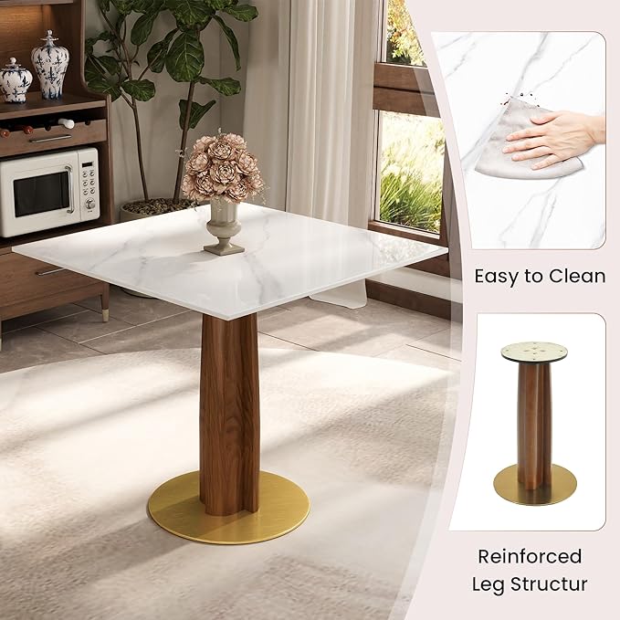Sintered Stone Square Office Table - Meeting Desk for Small Offices (Walnut‌ Leg and White Top, 1 Table Only)