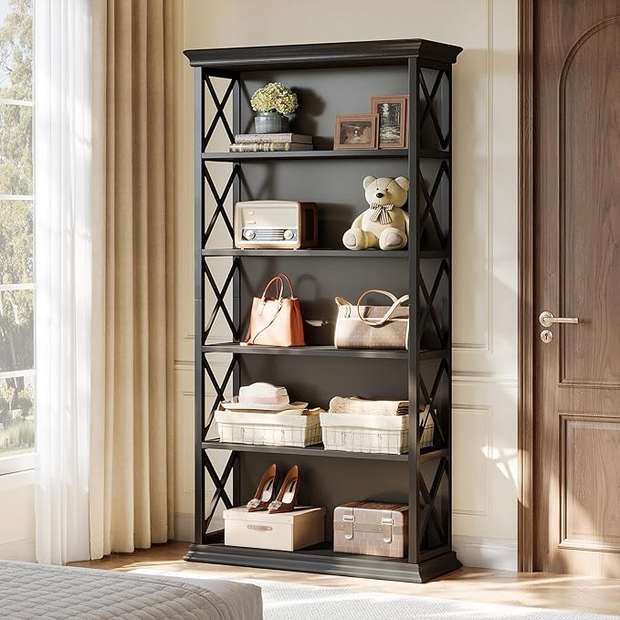 Tribesigns 71-Inch Tall Bookcase, 5-Tier Industrial Metal Bookshelf, Large Etagere Bookcases and Bookshelves, Freestanding Display Shelves for Living Room, Bedroom, Black (Set of 2)