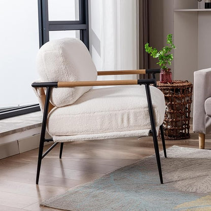 DUOMAY Mid-Century Modern Accent Chair Set of 2, Comfy Sherpa Sofa Lounge Chair Reading Corner Chair for Living Room Bedroom Office, Mid-Back Arm Chair with Black Metal Leg, White