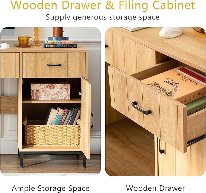 Farmhouse 47" Executive Desk, Home Office Desk with File Drawer and Power Outlet, Computer Desk with 2 Drawers and 1 Storage Cabinet, Workstation for Office Home (Natural Oak)