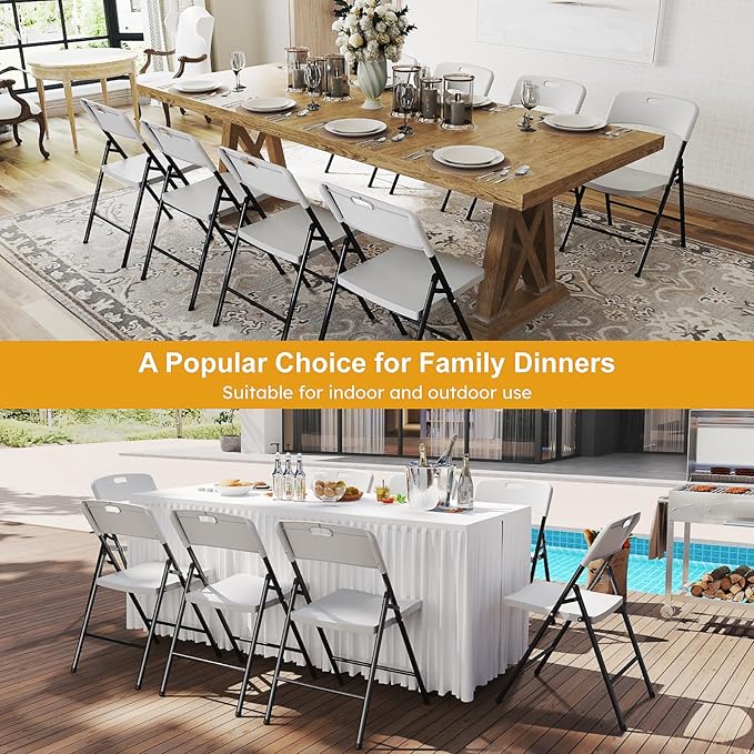 8 Pack Folding Chairs, 700lbs Capacity Heavy Duty Folding Chair with Reinfoced Steel Frame for Indoor/Outdoor Use, White Plastic Foldable Chairs for Party, Patio, Meeting, Wedding and School