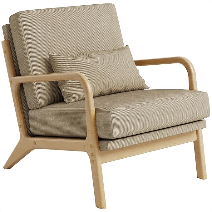 Claiks Mid-Century Modern Accent Chair, Living Room Armchair with Solid Wood Frame & Lumbar Pillow, Comfy Upholstered Lounge Chair for Bedroom, Office, Corduroy, Khaki