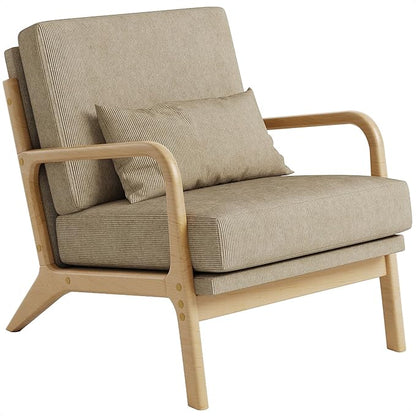 Claiks Mid-Century Modern Accent Chair, Living Room Armchair with Solid Wood Frame & Lumbar Pillow, Comfy Upholstered Lounge Chair for Bedroom, Office, Corduroy, Khaki