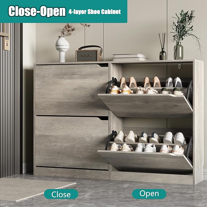 Shoe Storage Cabinet for Entryway with 4 Flip Drawers, Sturdy Wood Hidden Shoe Storage, Freestanding Narrow Slim Shoe Organizer for Front Door Entrance, Living Room, Hallway, Bedroom, Grey