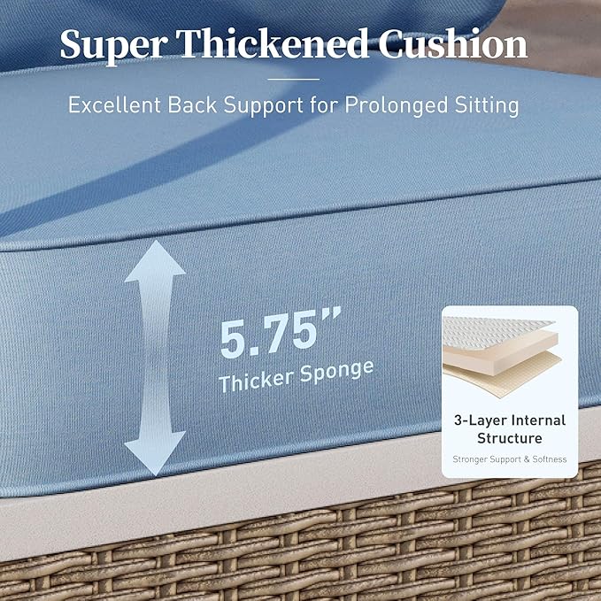 6 Piece Metal Outdoor Patio Furniture Set, Patio Conversation Sets 3-Seater Sofa, 2 Fixed Chair, 2 Swivel Chair with 5.75" Thick Cushion & Coffee Table White Backyard Furniture, Blue