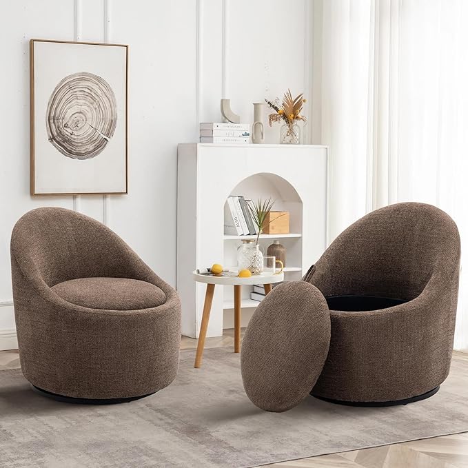 360° Swivel Accent Chair Set of 2, Mid-Century Modern Chair with Hidden Storge, Small Swivel Chair with Arms for Living Room/Office - Brown